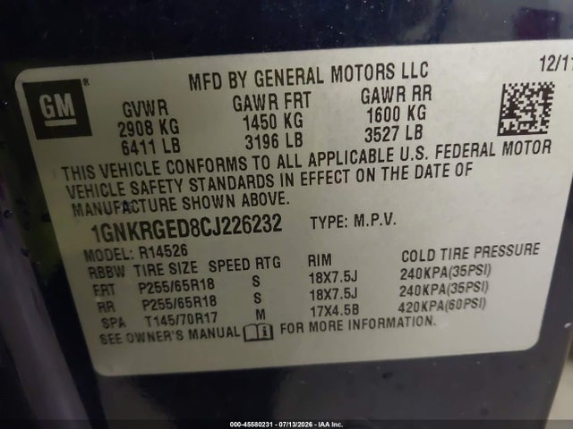 45580231 :رقم المزاد ، 1GNKRGED8CJ226232 vin ، 2012 Chevrolet Traverse Lt W/1lt مزاد بيع