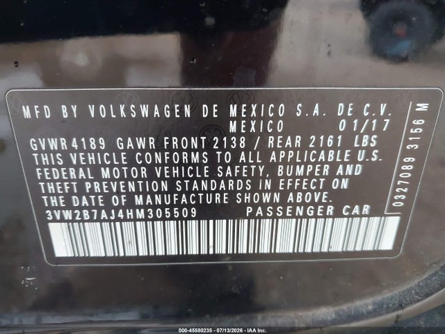 45580235 :رقم المزاد ، 3VW2B7AJ4HM305509 vin ، 2017 Volkswagen Jetta 1.4t S مزاد بيع