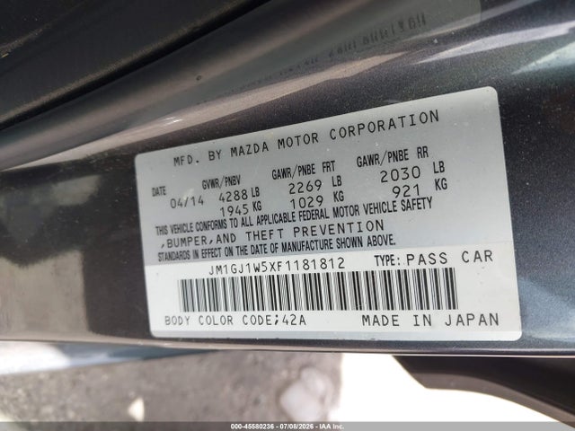 Aukcja sprzedaży 2015 Mazda Mazda6 I Grand Touring, vin: JM1GJ1W5XF1181812, numer aukcji: 45580236