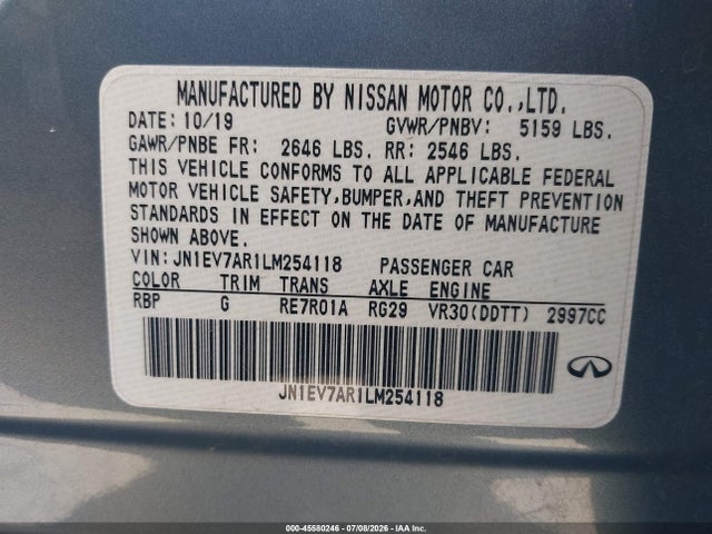 45580246 :رقم المزاد ، JN1EV7AR1LM254118 vin ، 2020 Infiniti Q50 Luxe Awd مزاد بيع