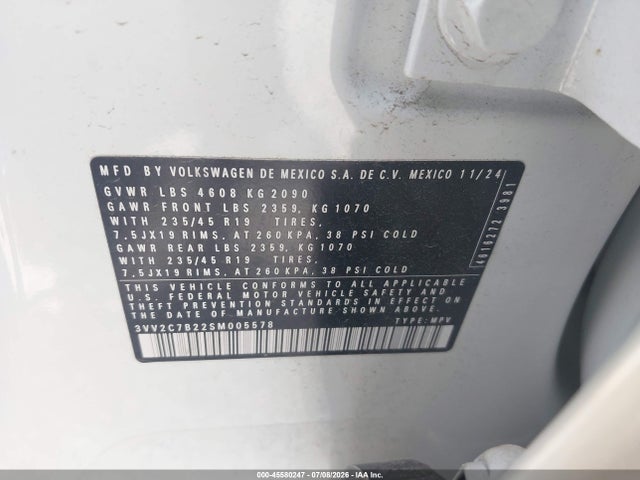 Aukcja sprzedaży 2025 Volkswagen Taos 1.5t Se Black, vin: 3VV2C7B22SM005578, numer aukcji: 45580247