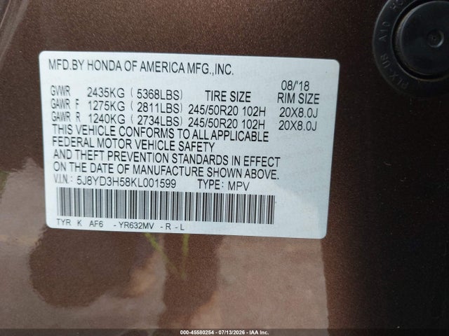 Aukcja sprzedaży 2019 Acura Mdx Tech Pkg, vin: 5J8YD3H58KL001599, numer aukcji: 45580254