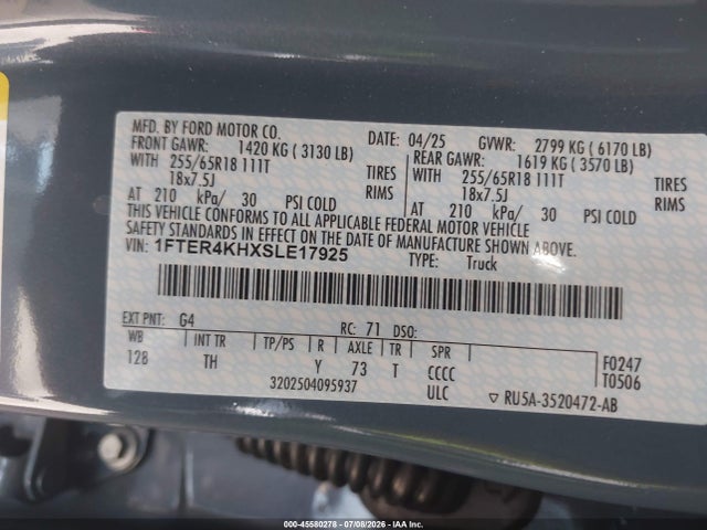 Aukcja sprzedaży 2025 Ford Ranger Lariat, vin: 1FTER4KHXSLE17925, numer aukcji: 45580278