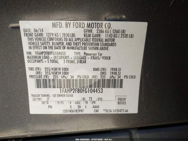 Ford Taurus Limited 2015 1FAHP2F80FG104453 Image 9