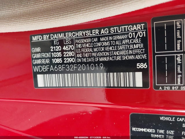 Продажа на аукционе авто 2002 Mercedes-benz Sl 500, vin: WDBFA68F32F201019, номер лота: 45580294