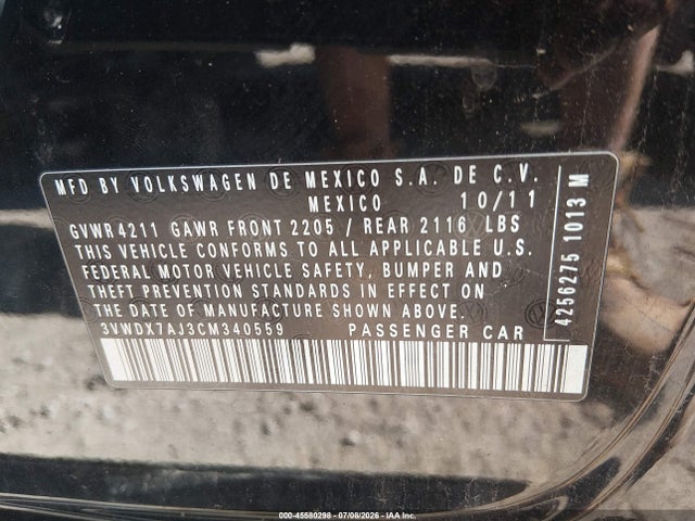 Продаж на аукціоні авто 2012 Volkswagen Jetta 2.5l Se, vin: 3VWDX7AJ3CM340559, номер лоту: 45580298