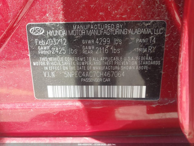 Aukcja sprzedaży 2012 Hyundai Sonata Se, vin: 5NPEC4AC7CH467064, numer aukcji: 45580297