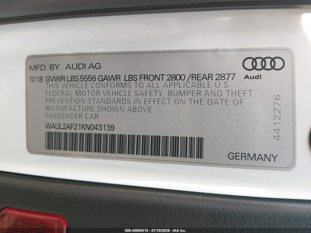 Продаж на аукціоні авто 2019 Audi A6 55 Premium, vin: WAUL2AF21KN043139, номер лоту: 45580315