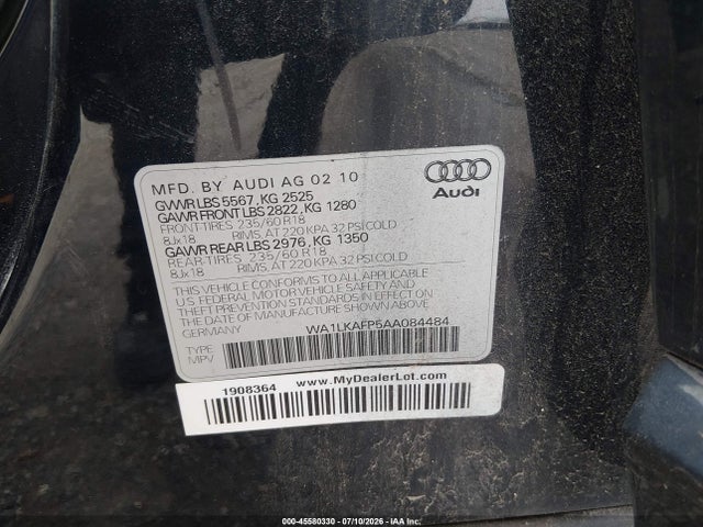 2010 Audi Q5 3.2 Premium მანქანა იყიდება აუქციონზე, vin: WA1LKAFP5AA084484, აუქციონის ნომერი: 45580330