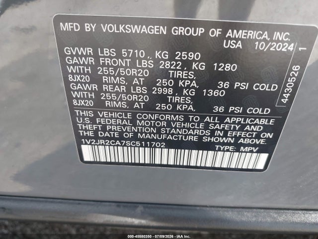45580350 :رقم المزاد ، 1V2JR2CA7SC511702 vin ، 2025 Volkswagen Atlas 2.0t Se W/technology مزاد بيع
