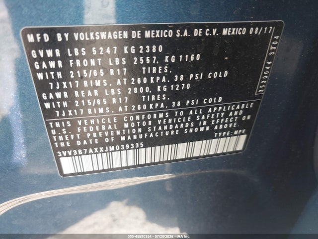 45580354 :رقم المزاد ، 3VV3B7AXXJM039335 vin ، 2018 Volkswagen Tiguan 2.0t Se/2.0t Sel مزاد بيع