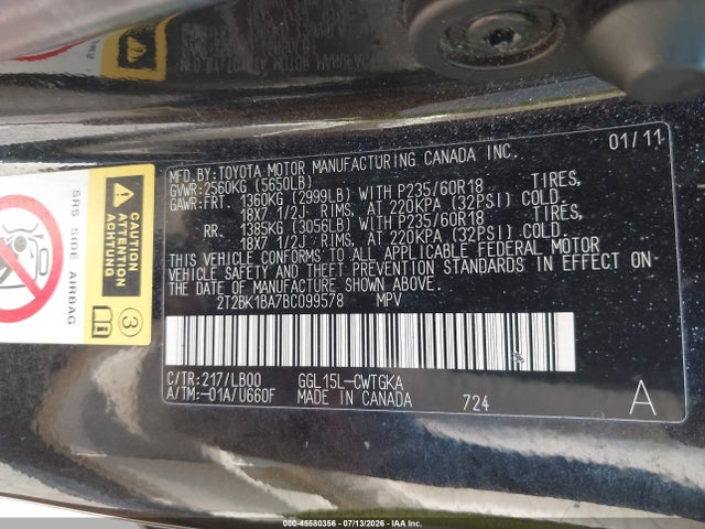 45580356 :رقم المزاد ، 2T2BK1BA7BC099578 vin ، 2011 Lexus Rx 350 مزاد بيع