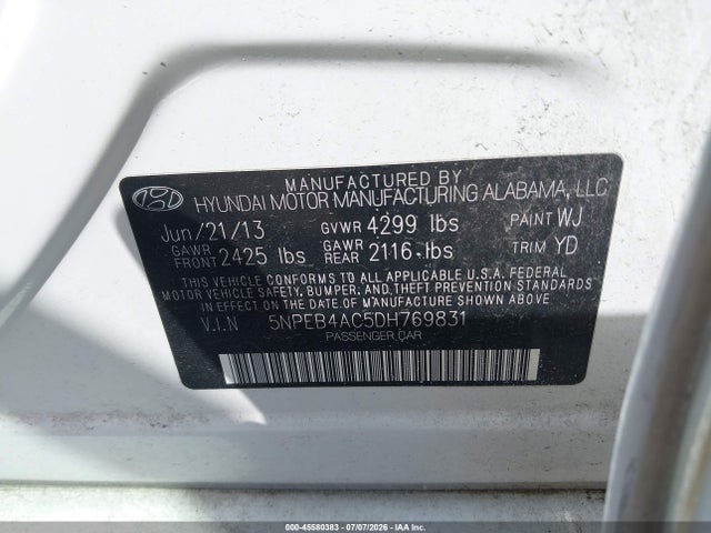 45580383 :رقم المزاد ، 5NPEB4AC5DH769831 vin ، 2013 Hyundai Sonata Gls مزاد بيع