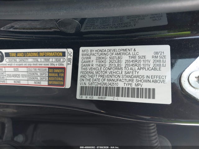 45580392 :رقم المزاد ، 5J8TC2H62ML042510 vin ، 2021 Acura Rdx A-spec Package مزاد بيع