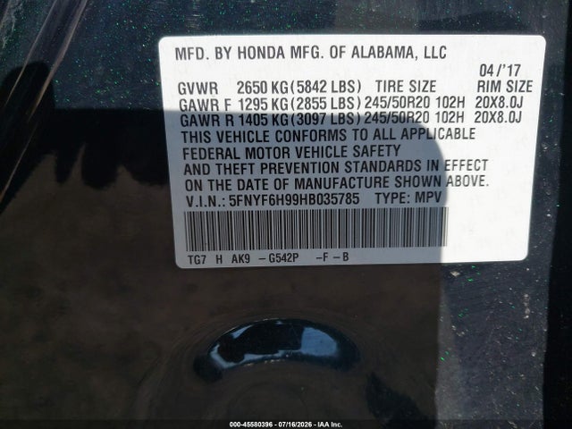 Honda Pilot Touring 2017 5FNYF6H99HB035785 Image 9