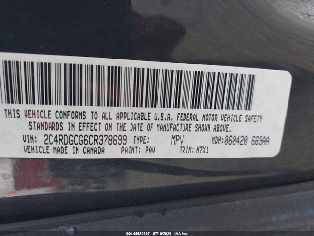 2012 Dodge Grand Caravan Sxt მანქანა იყიდება აუქციონზე, vin: 2C4RDGCG6CR378699, აუქციონის ნომერი: 45580397