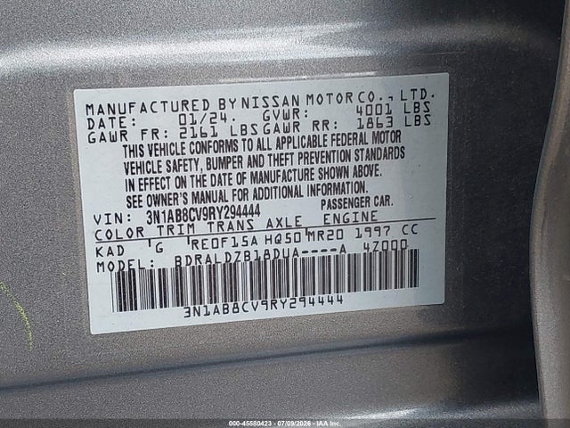 Aukcja sprzedaży 2024 Nissan Sentra Sv Xtronic Cvt, vin: 3N1AB8CV9RY294444, numer aukcji: 45580423