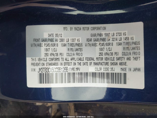 Aukcja sprzedaży 2012 Mazda Cx-9 Touring, vin: JM3TB3CV5C0361266, numer aukcji: 45580433