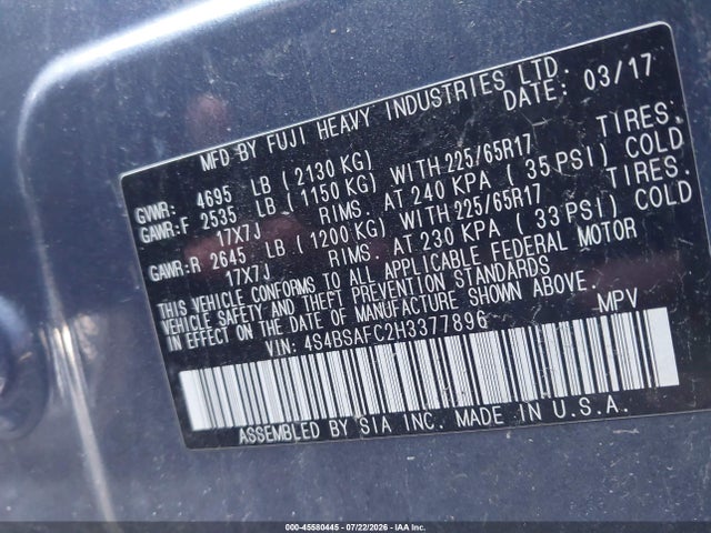 2017 Subaru Outback 2.5i Premium მანქანა იყიდება აუქციონზე, vin: 4S4BSAFC2H3377896, აუქციონის ნომერი: 45580445
