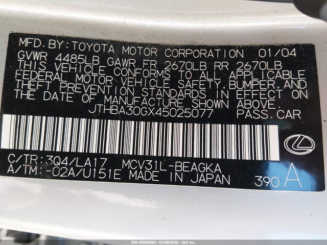 Продажа на аукционе авто 2004 Lexus Es 330, vin: JTHBA30GX45025077, номер лота: 45580464