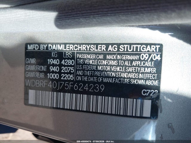 2005 Mercedes-benz C 230 Kompressor Sport მანქანა იყიდება აუქციონზე, vin: WDBRF40J75F624239, აუქციონის ნომერი: 45580474