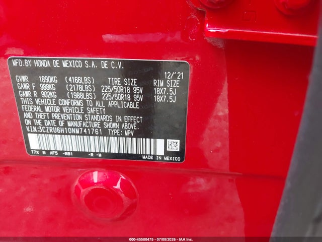 3CZRU6H10NM741761 Honda Hr-v Awd Sport