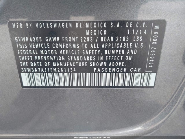 2015 Volkswagen Jetta 2.0l Tdi Se მანქანა იყიდება აუქციონზე, vin: 3VW3A7AJ1FM261134, აუქციონის ნომერი: 45580485