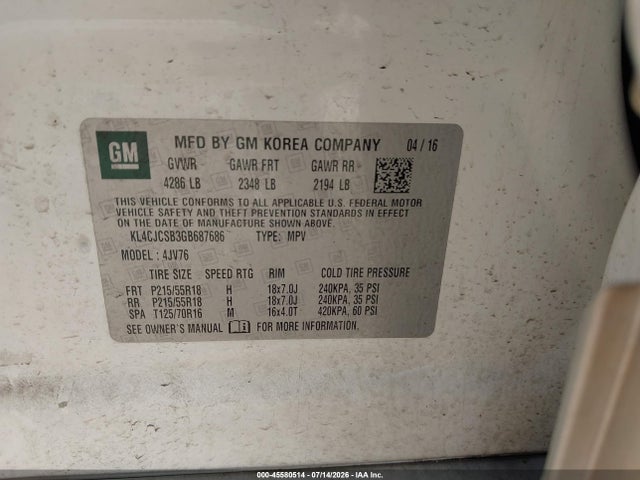 Aukcja sprzedaży 2016 Buick Encore Leather, vin: KL4CJCSB3GB687686, numer aukcji: 45580514