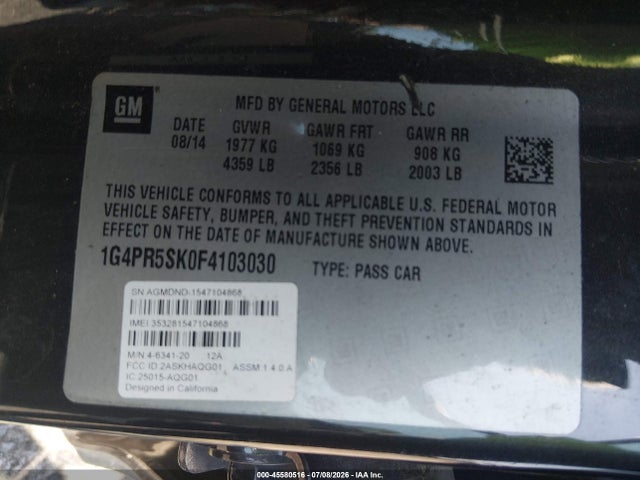 45580516 :رقم المزاد ، 1G4PR5SK0F4103030 vin ، 2015 Buick Verano Convenience Group مزاد بيع