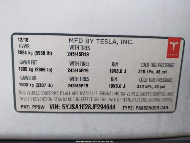 Aukcja sprzedaży 2018 Tesla Model S 100d/75d/p100d, vin: 5YJSA1E28JF294644, numer aukcji: 45580520