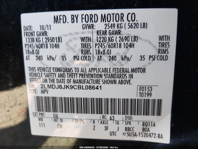 Aukcja sprzedaży 2012 Lincoln Mkx, vin: 2LMDJ8JK9CBL08641, numer aukcji: 45580525