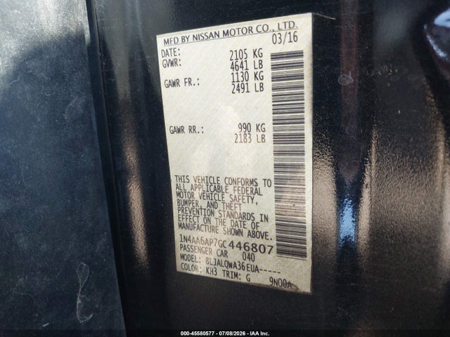 1N4AA6AP7GC446807 Nissan Maxima 3.5 Platinum/3.5 S/3.5 Sl/3.5 Sr/3.5 Sv