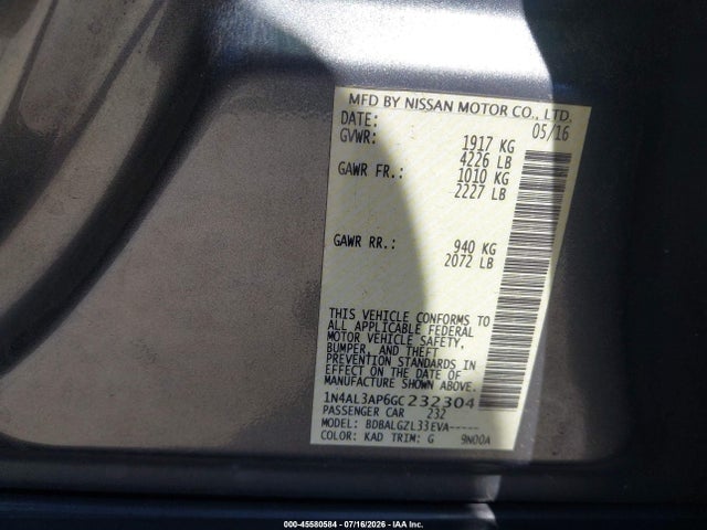 1N4AL3AP6GC232304 Nissan Altima 2.5/2.5 S/2.5 Sl/2.5 Sr/2.5 Sv