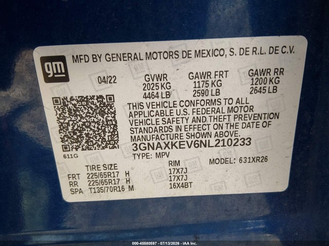 Продаж на аукціоні авто 2022 Chevrolet Equinox Fwd Lt, vin: 3GNAXKEV6NL210233, номер лоту: 45580597