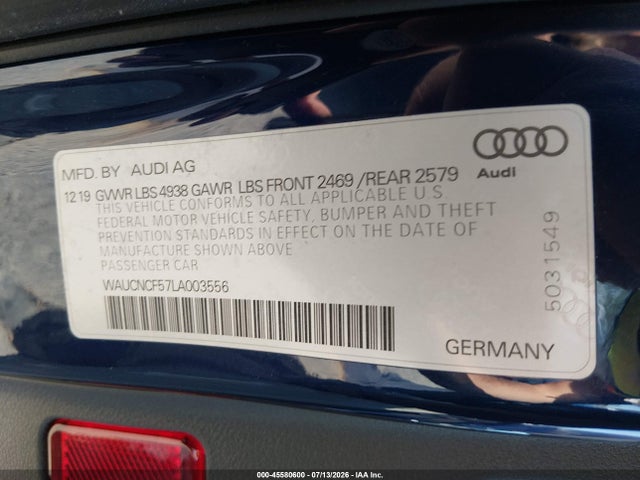 45580600 :رقم المزاد ، WAUCNCF57LA003556 vin ، 2020 Audi A5 Sportback Premium Plus 45 Tfsi Quattro S Tronic مزاد بيع