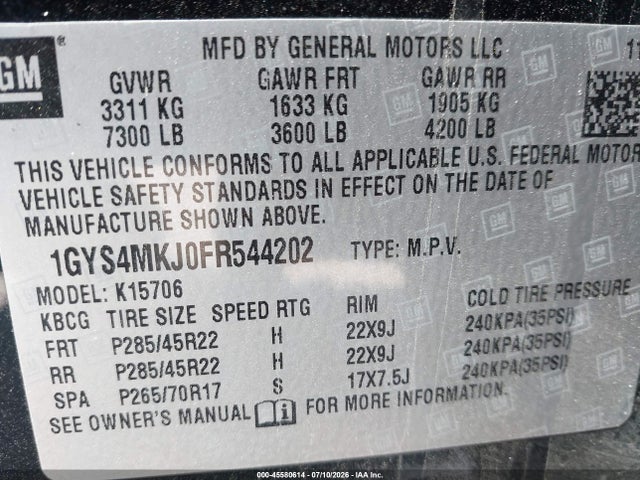 45580614 :رقم المزاد ، 1GYS4MKJ0FR544202 vin ، 2015 Cadillac Escalade Luxury مزاد بيع