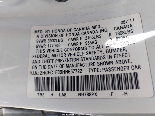 2HGFC1F39HH657722 Honda Civic Ex-t