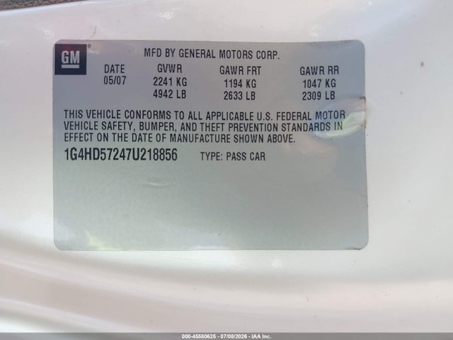 Aukcja sprzedaży 2007 Buick Lucerne Cxl, vin: 1G4HD57247U218856, numer aukcji: 45580625