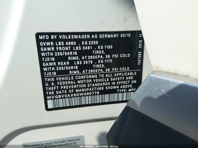 Продажа на аукционе авто 2013 Volkswagen Tiguan Se, vin: WVGBV3AX6DW090776, номер лота: 45580631
