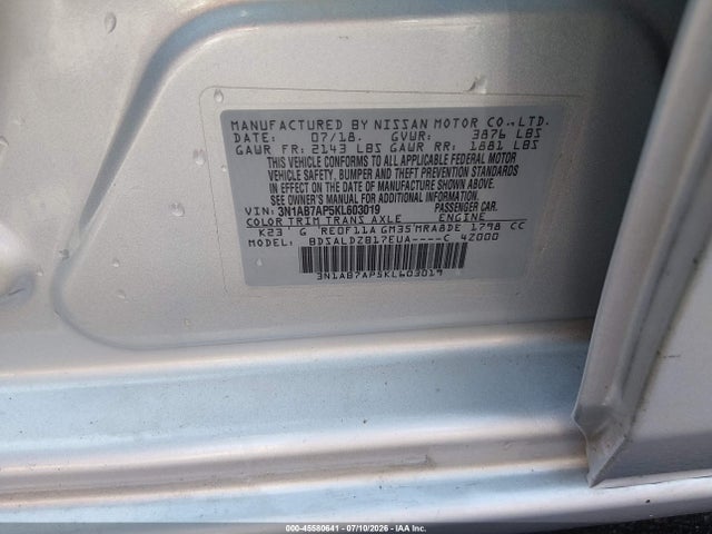 45580641 :رقم المزاد ، 3N1AB7AP5KL603019 vin ، 2019 Nissan Sentra Sv مزاد بيع