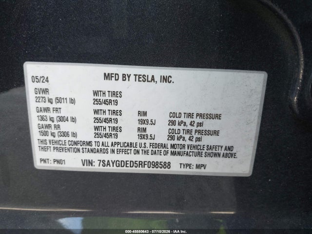 2024 Tesla Model Y Long Range Single Motor Rear-wheel Drive/rwd მანქანა იყიდება აუქციონზე, vin: 7SAYGDED5RF098588, აუქციონის ნომერი: 45580643