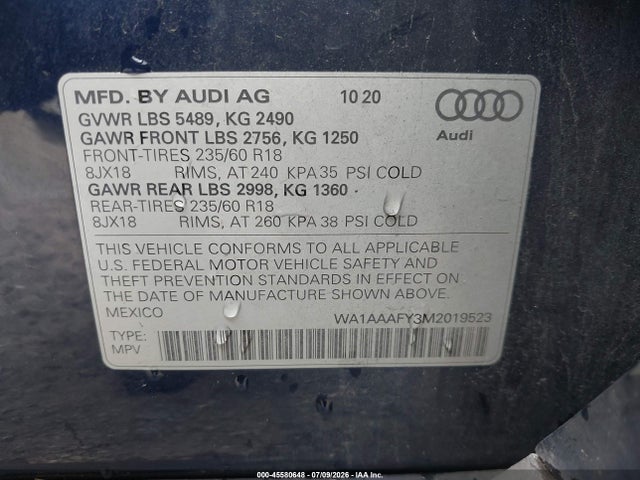 Продажа на аукционе авто 2021 Audi Q5 Premium 45 Tfsi Quattro S Tronic, vin: WA1AAAFY3M2019523, номер лота: 45580648