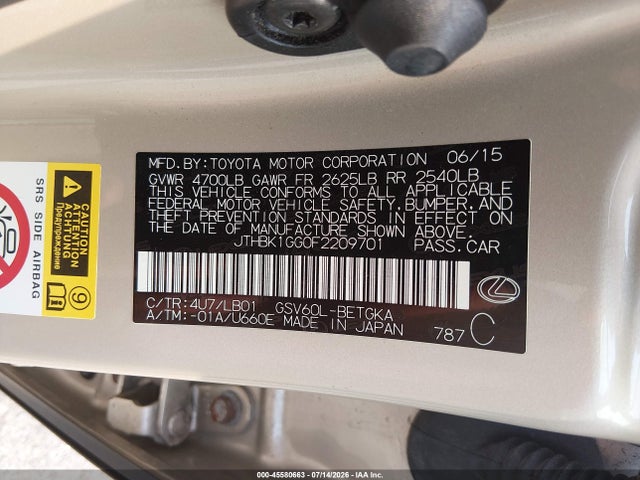 Продажа на аукционе авто 2015 Lexus Es 350, vin: JTHBK1GG0F2209701, номер лота: 45580663