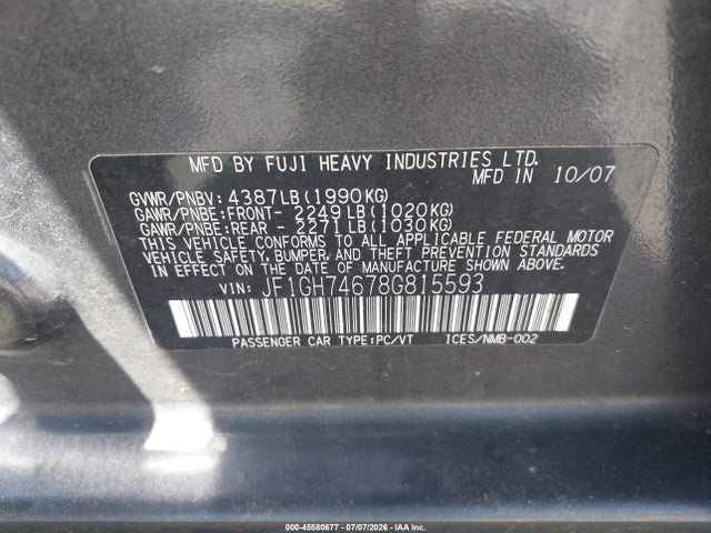 45580677 :رقم المزاد ، JF1GH74678G815593 vin ، 2008 Subaru Impreza Wagon (natl) Wrx مزاد بيع