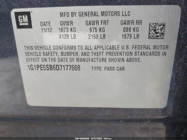 45580689 :رقم المزاد ، 1G1PE5SB6D7177668 vin ، 2013 Chevrolet Cruze 2lt Auto مزاد بيع