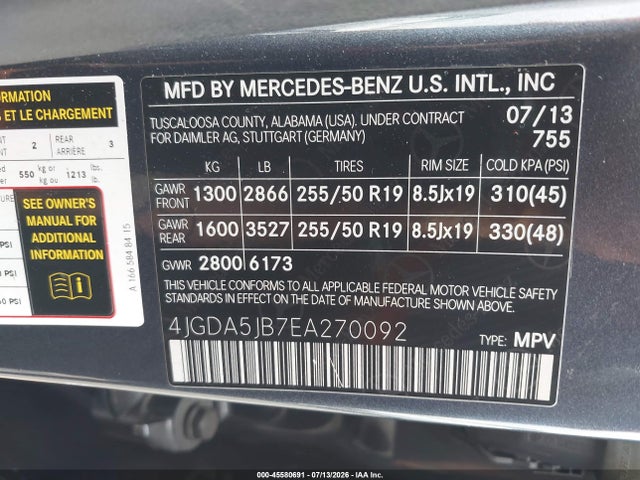Продажа на аукционе авто 2014 Mercedes-benz Ml 350, vin: 4JGDA5JB7EA270092, номер лота: 45580691