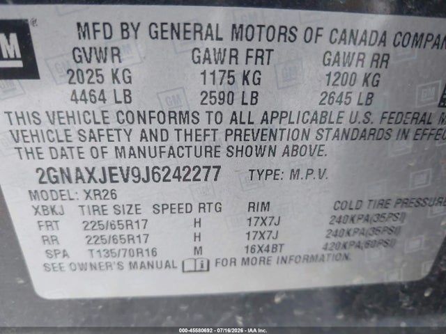 Chevrolet EQUINOX LT 2018 2GNAXJEV9J6242277 Image 9