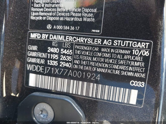 Продаж на аукціоні авто 2007 Mercedes-benz Cl 550, vin: WDDEJ71X77A001924, номер лоту: 45580719