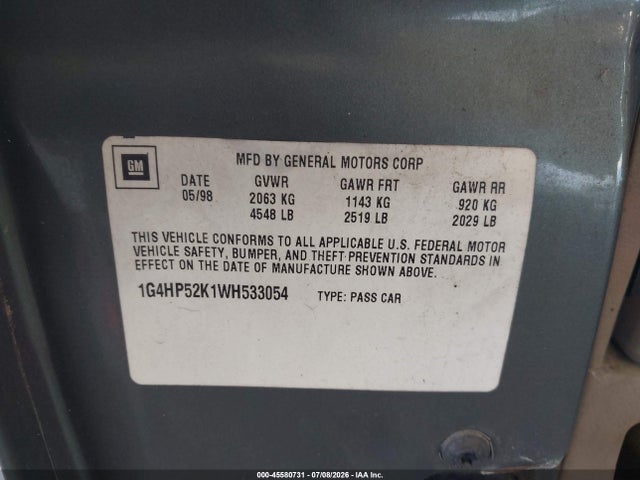 45580731 :رقم المزاد ، 1G4HP52K1WH533054 vin ، 1998 Buick Lesabre Custom مزاد بيع