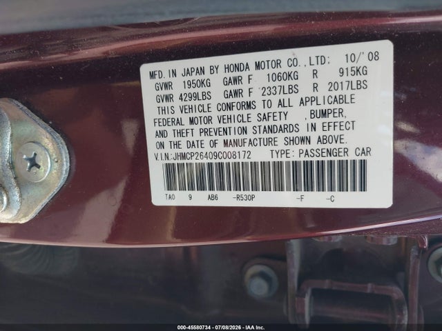 Продажа на аукционе авто 2009 Honda Accord 2.4 Lx-p, vin: JHMCP26409C008172, номер лота: 45580734